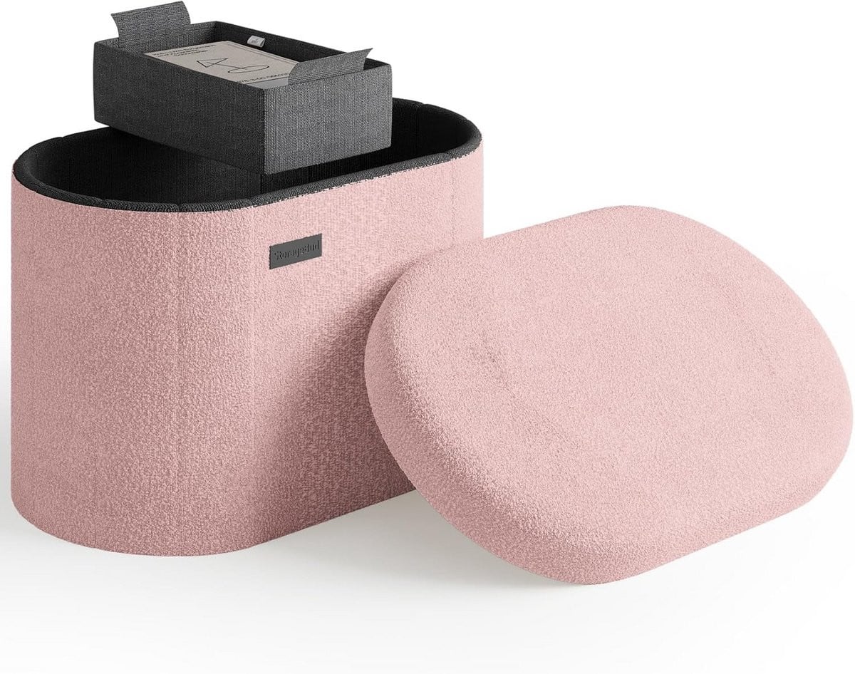 Opberg Poef Ottomaan met Verwijderbare Opbergbak in Roze Boucle - Breedte: 45 cm
