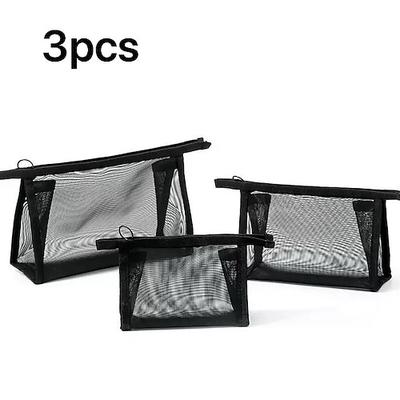 3 Stück Make-up-Taschen aus Nylonnetz, große, mittelgroße und kleine tragbare schwarze transparente Make-up-Taschen zur Aufbewahrung von Lippenstift und Kosmetik