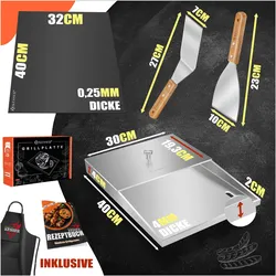 Kesser, Grillplatte,  Grillplatte Plancha Edelstahl 40x30cm bis 800°C, inkl. Spatel & Grillschürze