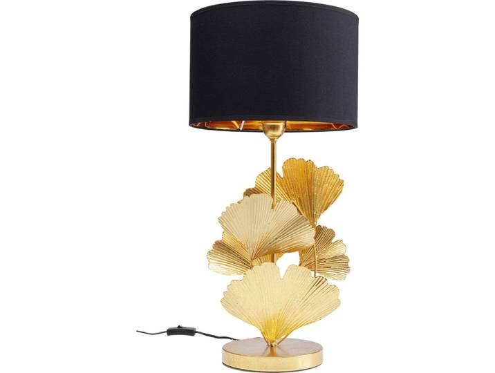 Lampe 5 feuilles de ginkgo acier doré et abat-jour coton noir