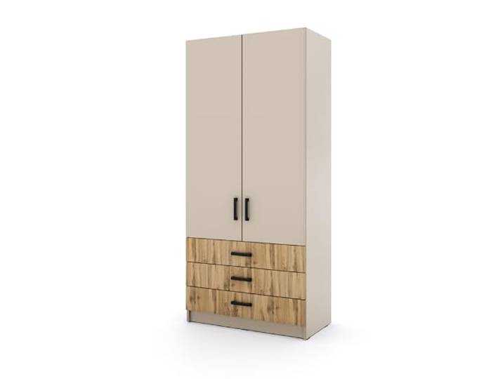 Marlux-Meble Kleiderschrank Sigma 90 cm breit mit 2 Drehtüren und 3 Schubladen Korpus in Kaschmir Schlafzimmerschrank Kinderzimmerschrank Systemschrank (Türen-Kaschmir, Schubladen-Wotan-Eiche)