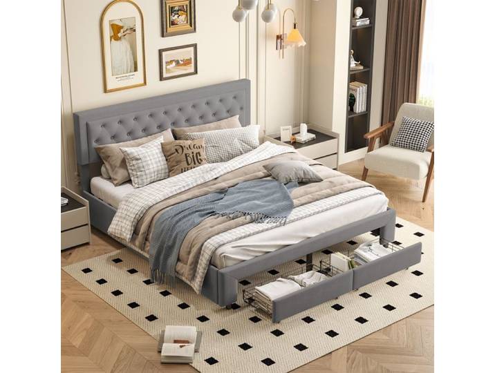 Lit double rembourré - KILISKY - 160x200 cm - Velours - Lit coffre avec 2 tiroirs - Gris
