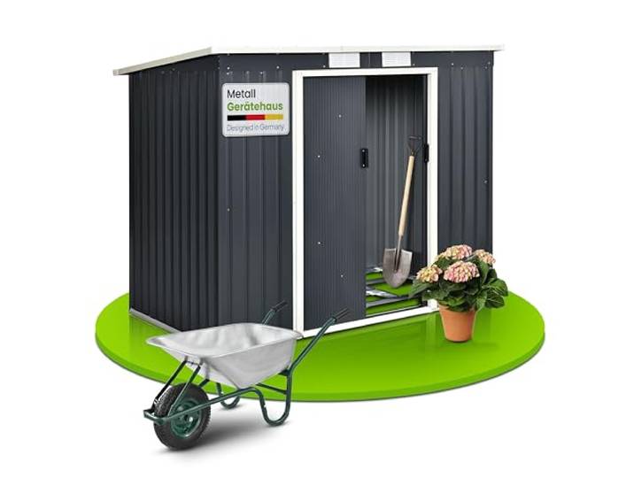 Juskys Metalen gereedschapsschuur M 4m³ met lessenaarsdak, schuifdeur en fundament - 213 × 130 × 173 cm - antraciet - gereedschapsschuur tuinhuis schuur staal