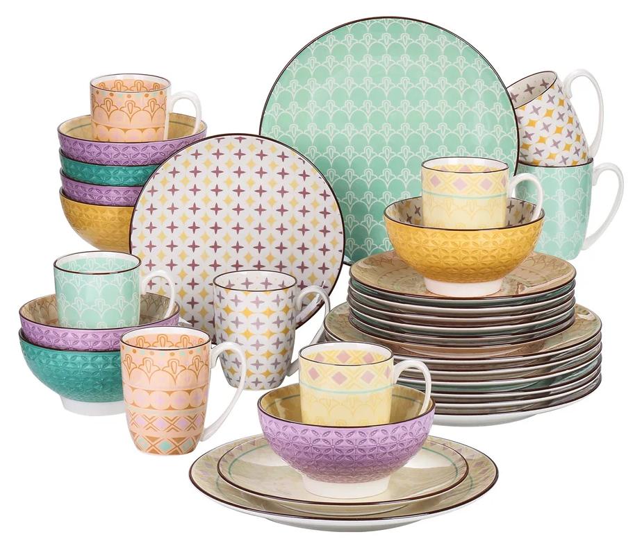 Porzellan-Geschirrset - 32 Teile - 4 Farben - 4 Designs - Essteller - Dessertteller - Schalen und Tassen