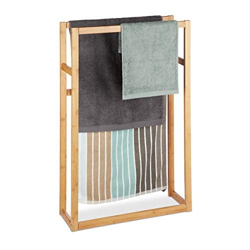 Relaxdays Handdoekenrek bamboe, staande handdoekhouder, H x B x D: 90 x 60 x 20 cm, beige/bruin
