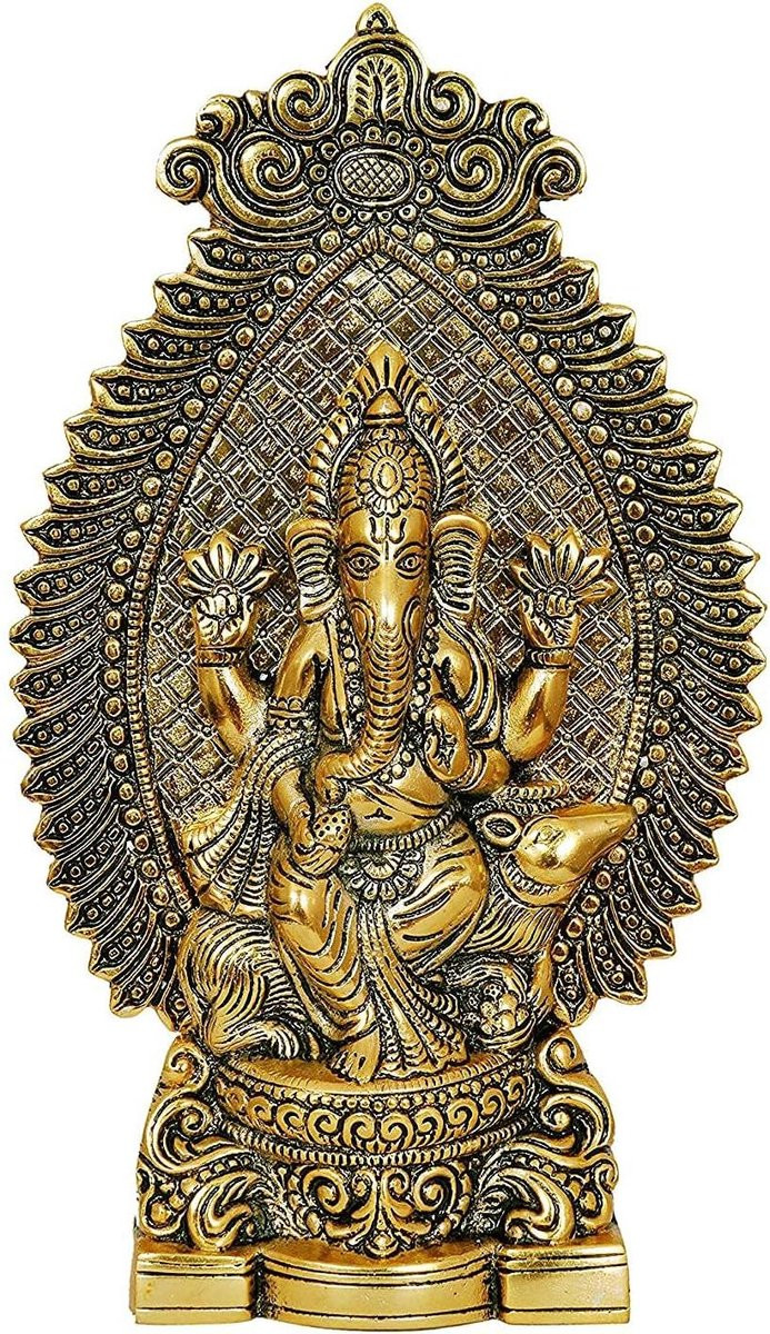 Ganesha Beeld Goud Antiek Handgemaakt Decoratie Hoogte: 27 cm