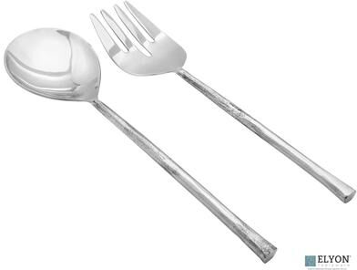 Elyon Tableware Elyon Sardar Reflective Silver Salad Serving Set Indian Artisan-Made Hostess Set Hand-Forged Stainless Steel 2 Pieces