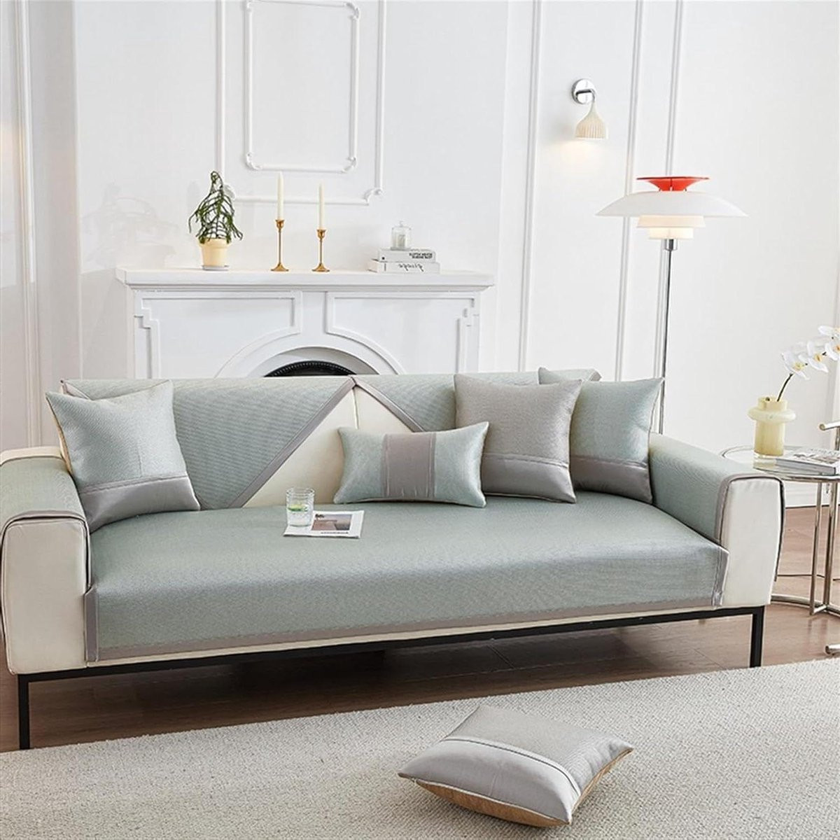 L-vormige bankhoes meubelbeschermer voor hoekbanken met antislip onderkant - Lichtgroen - 90 x 210 cm