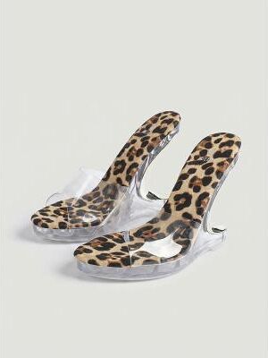 LightInthebox Women's Leopard Print Sculptural Heel Sandals - Clear Strap Statement Heels for Nightlife Parties and Clubwear