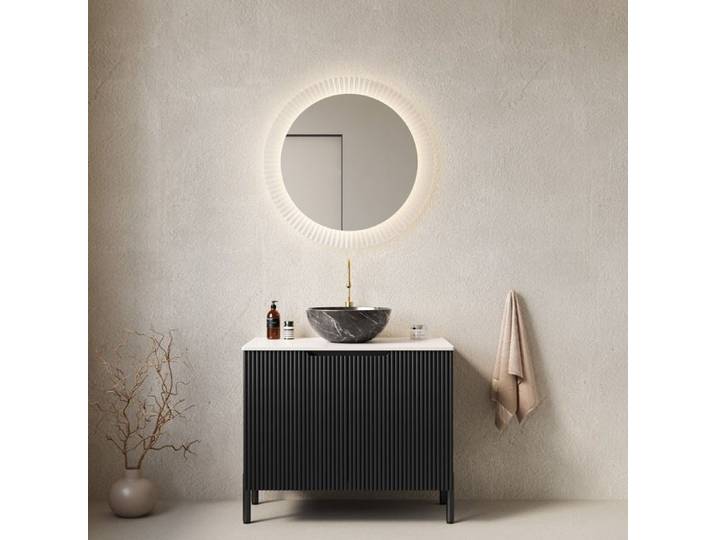 MEUBLIV Meuble vasque de salle de bain autoportant 76 cm vasque céramique noire plan en pierre frittée 2 portes