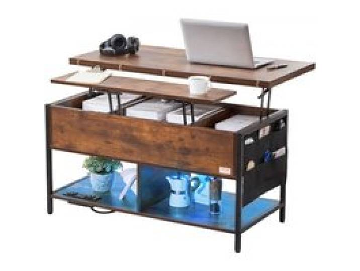 VEVOR Table basse avec plateau relevable, 1000 mm, table basse de salon rectangulaire avec poche de rangement supplémentaire, table basse rabattable avec multiprise, USB, éclairage d'ambiance, marron