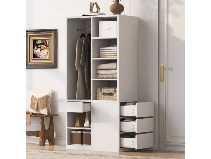BXEYXE Kleiderschrank 70 × 50 × 170 cm, Mit Mehreren Schubladen, Mehrstufige Regalböden, Großzügiger Stauraum, Große Kleiderstange, Kleiderschrank Für Eine Person, Weiß