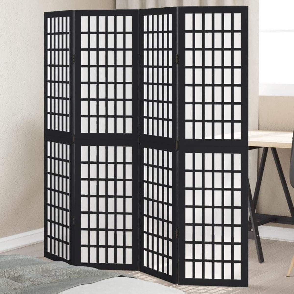 Kamerscherm Ruimteverdeler - Opvouwbaar - Zwart - Houten Frame - 140 x 145 cm