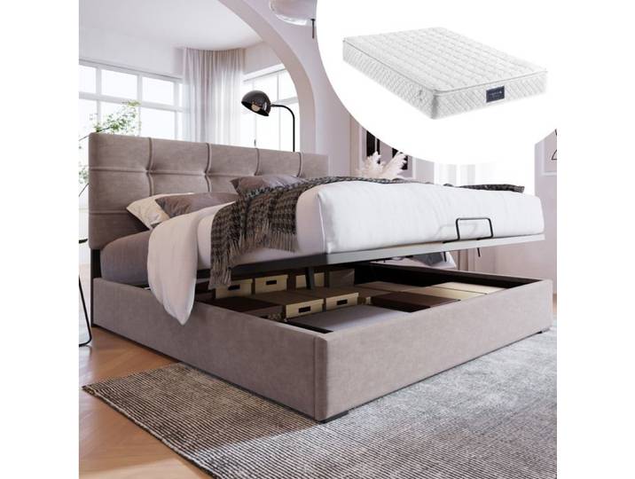 Hydraulisch Doppelbett 140x200cm avec Matratze Polsterbett en Velours Gris Clair Tête de Lit Réglable et Rangement
