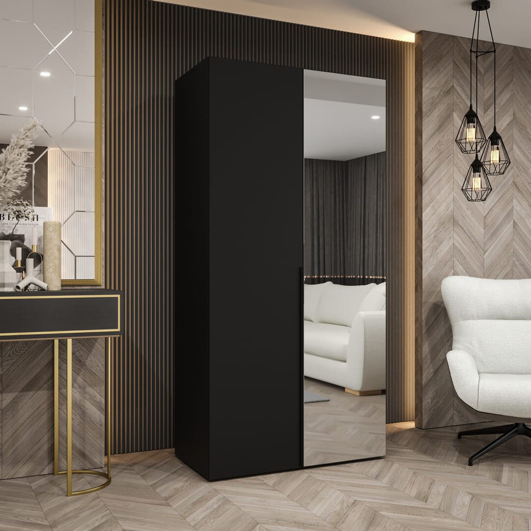 Latitude Run Crisp Hinged Mirrored Door Wardrobe 100cm - Sleek Style & Bright Storage Black 100cm W X 52cm D