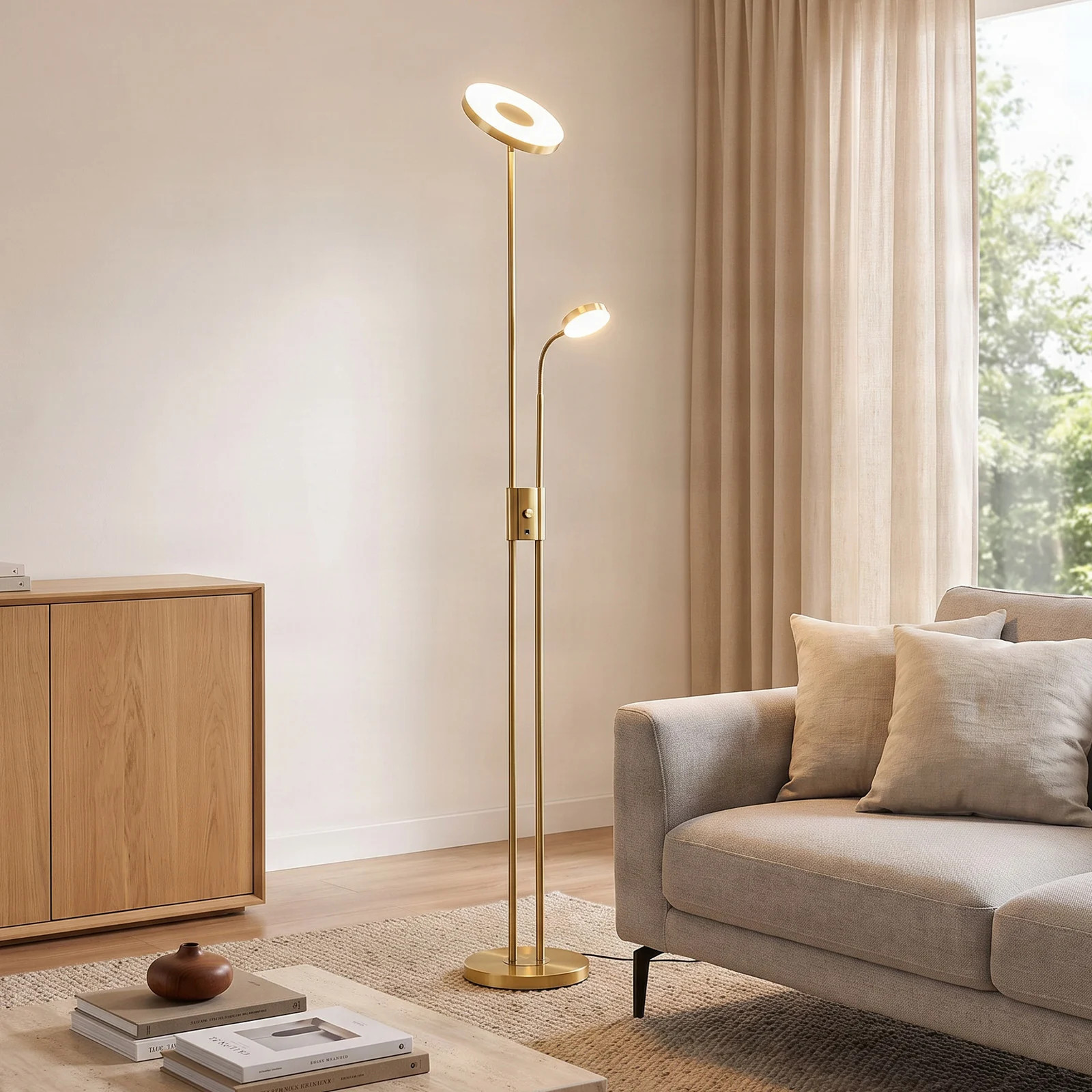 Lindby Seppa LED vloerlamp - Rond - Messing/Goud - Dimbaar - Modern