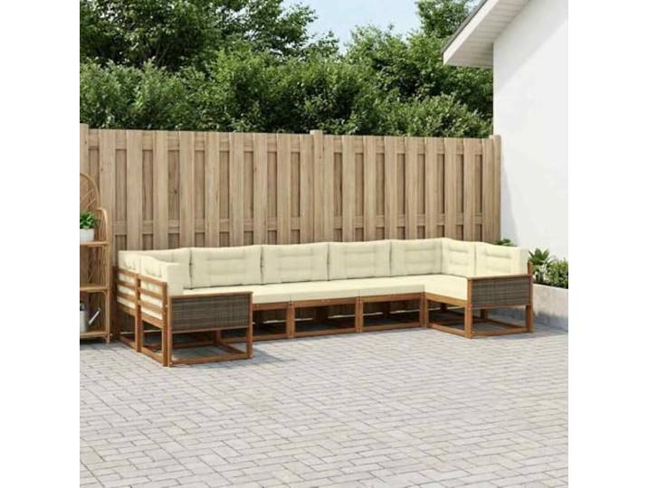 HFMDRMU Akazienholz Sofa-Set Gartenmöbel, Outdoor-Sofagarnitur mit Kissen 7 pcs Natur Creme, Lattenrahmen Design für bequemen Komfort, einfacher Zusammenbau für Terrasse und Pool