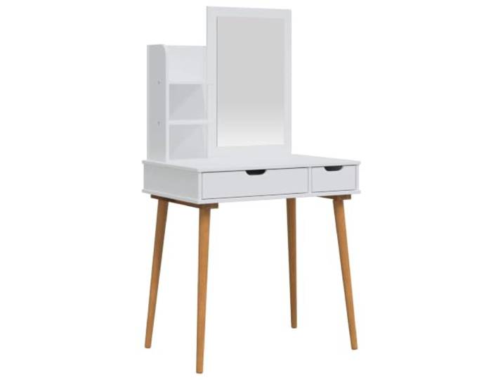 Xhnifbn Schminktisch-Set FAUSKE 3-teilig Frisiertisch Weiß 76x50x143 cm Eleganter Kosmetiktisch mit Spiegel und Hocker fürs Schlafzimmer. Bietet 2 Schubladen, 2 Regalböden und Kiefernholzbeine.