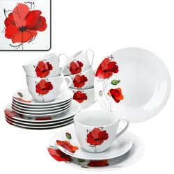 Mona 18tlg Kaffeeservice Porzellan Mohnblüten 6 Pers Tasse Untertasse Teller