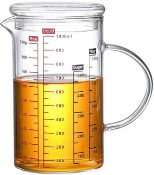 Inspire Select High Borosilicate Glass Measuring Cup Clear Scale Beaker With Handle V Spout Heat Resistant Kitchen Measuring Jug 1000ml Glass Lid