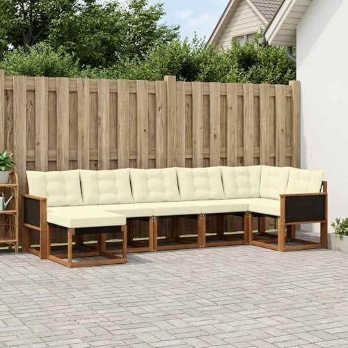 7-teiliges Garten-Sofagarnitur mit Kissen, Modernes Lounge-Set aus massivem Akazienholz, Modulares Sofa für Garten, Terrasse und Poolbereich, Natur und Creme
