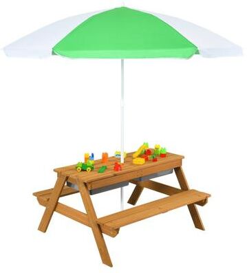 Costway 3-in-1 Kids Outdoor Picnic Water Sand Table with Umbrella Play Boxes-Green