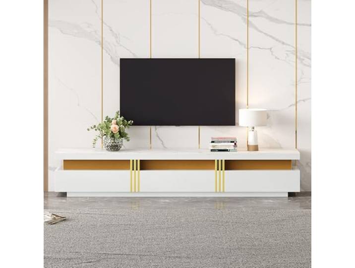 FammyLoft 200cm TV Schrank mit 3 Schubladen, Marmor Optik Fernsehschrank TV Lowboard, Moderner TV Kommode Sideboard für das Wohnzimmer Fernseher bis 90 Zoll, Weiß