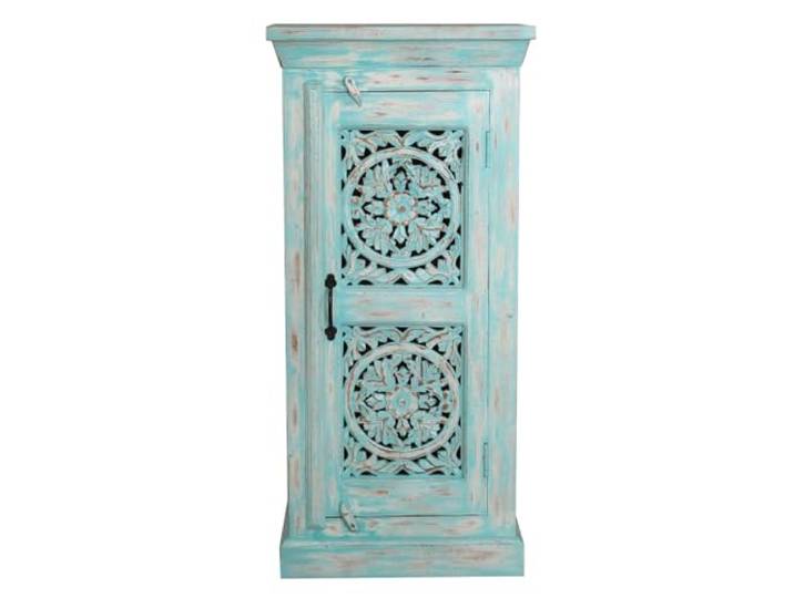 Indische Kommode Kleiner Schrank aus Mangoholz mit Schnitzerei Orientale Einrichtung Blau Blauwash 107cm