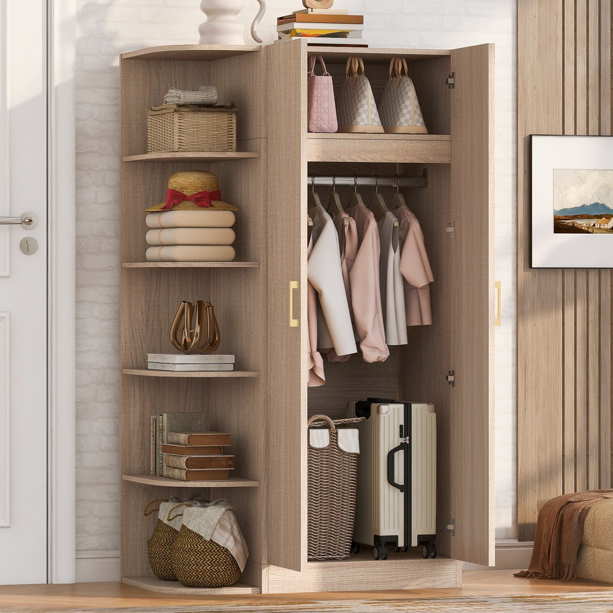 Clruro Kledingkast met 2 Deuren - Naturel - MDF/Metaal - B/D/H: 90 x 55 x 175 cm