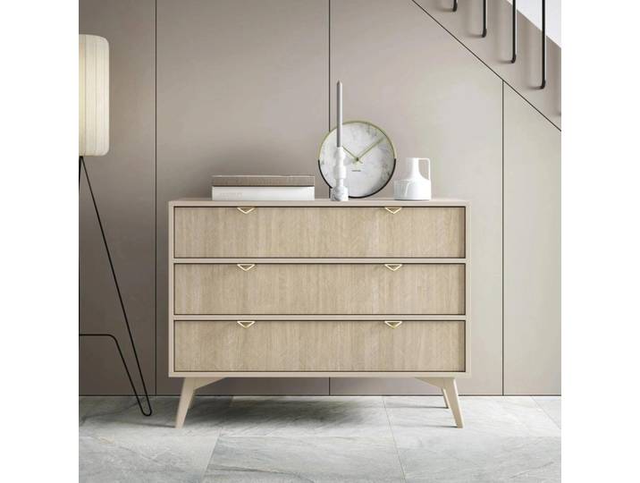 Kommode Silva KSZ-106 cm in Sand Beige mit Scandi-Fischgrätenfront und goldenen Griffen – 3 Schubladen