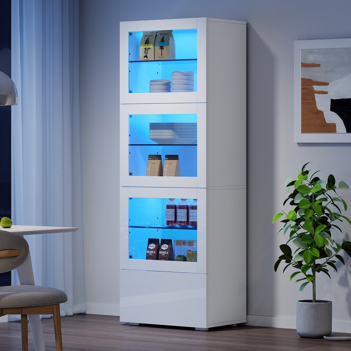 MODFU Vitrinekast met glazen deuren en lades, Wit
