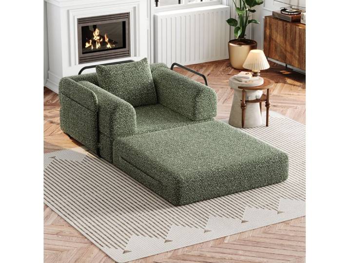 MEUBLIV Fauteuil convertible 1 place 2-en-1 en chenille verte avec rangement d'accoudoir