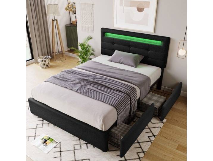 Lit rembourré simple - BLACKCOLOR - 90x200 cm - Éclairage LED - 2 tiroirs amovibles - Tête de lit réglable