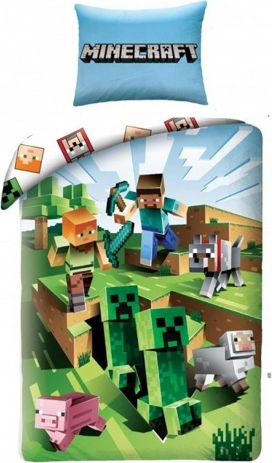 Halantex Minecraft katoenen beddengoed met Creeper en Steve design, 140 x 200 cm