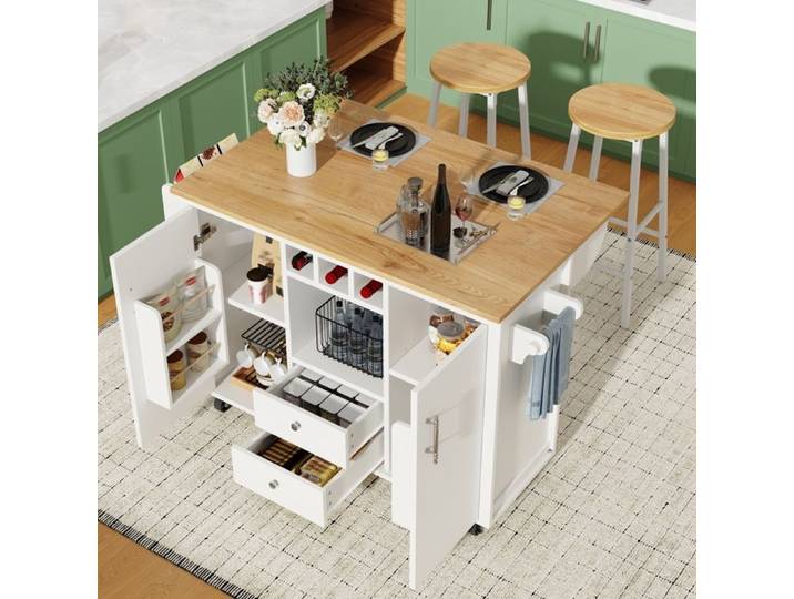 Desserte ilôt de Cuisine avec roulettes-Chariot de service avec 2 tabourets de bar-Buffet Cuisine de Rangement-Blanc