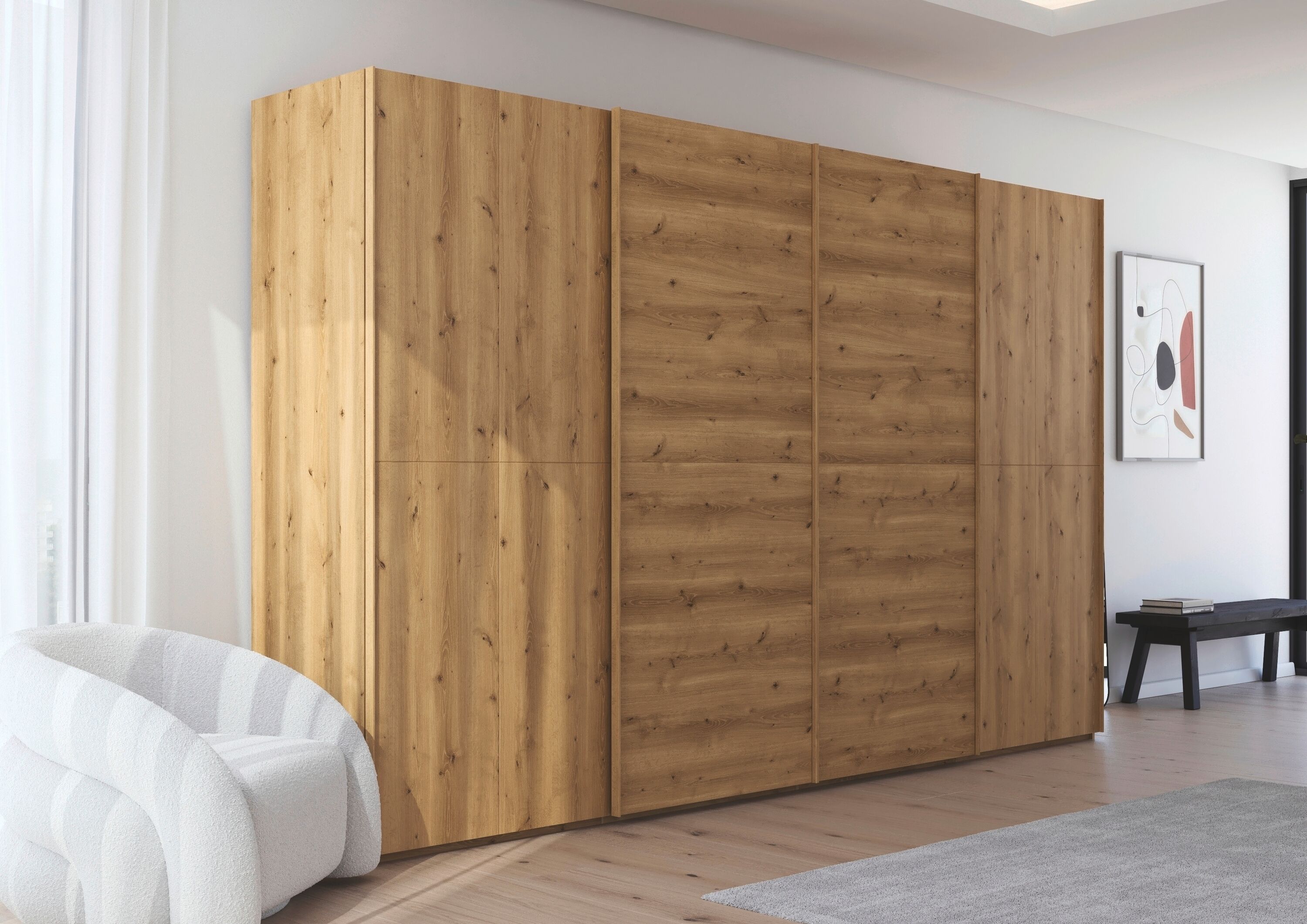 Schwebetürenschrank RAUCH "Kleiderschrank Schrank Garderobe Schlafzimmerschrank SCALE-WOOD", braun (asteiche massiv, griffleisten asteiche), B:360cm H:223cm T:68cm, Holz teilmassiv, Schränke, Schwebetürenschrank, senkrecht geteilte Türen in robuster massi