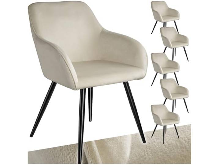 tectake 6er Set moderner Esszimmer Stuhl, Sitzfläche aus Samt, Armlehnstuhl, Sessel Wohnzimmer, gepolsterter Bürostuhl mit schwarzen Metallbeinen, Schminktisch Stuhl - Creme/schwarz