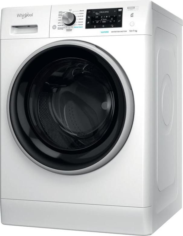 Whirlpool FreshCare FFWDD 107625 WBS IT, Frontlader, Freistehend, Weiß, Links, Schwarz, Silber, Tasten, Drehregler