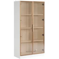 Merax Weißglasvitrine mit 16-farbiger LED-Beleuchtung, doppeltürige Vitrine mit beweglichen Einlegeböden, 80*40*160cm,Hochschrank, Standvitrine