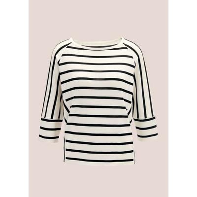 Longpullover MADELEINE "Pullover Strickpullover im Streifen-Look", Damen, Gr. 34, weiß (weiß, marine), Obermaterial: 65% Viskose CV. 35% Polyamid PA., Modern, figurumspielend, U-Boot-Ausschnitt, Pullover Longpullover