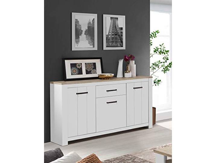 FORTE Elara Kommode mit 3 Türen und 1 Schublade, Holzwerkstoff, Weiß Matt / Bianco Eiche, 161,4 x 95,7 x 42,2 cm