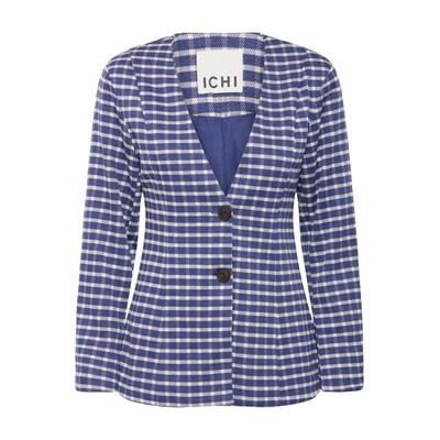 Blusenblazer ICHI "Damen Blazer IHKATE", Damen, Gr. S, blau (medieval blau check), Obermaterial: 84% Polyester PES. 16% Baumwolle CO., Blazer Blusenblazer