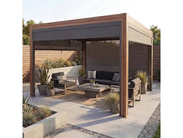 Mendler Pergola HWC-L46 mit Seitenwand Alu 3x4m - Holzoptik anthrazit