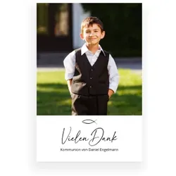 Dankeskarte Kommunion: Schreibschrift mit Foto in Weiß
