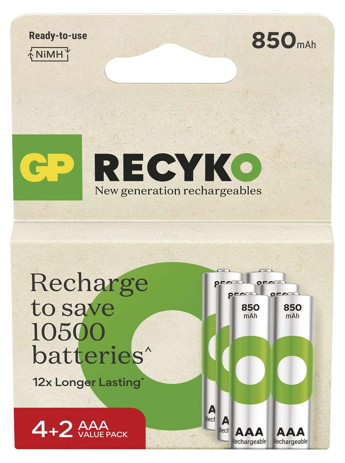 GP ReCyko 850 AAA (HR03) oplaadbare batterijen, 6 stuks