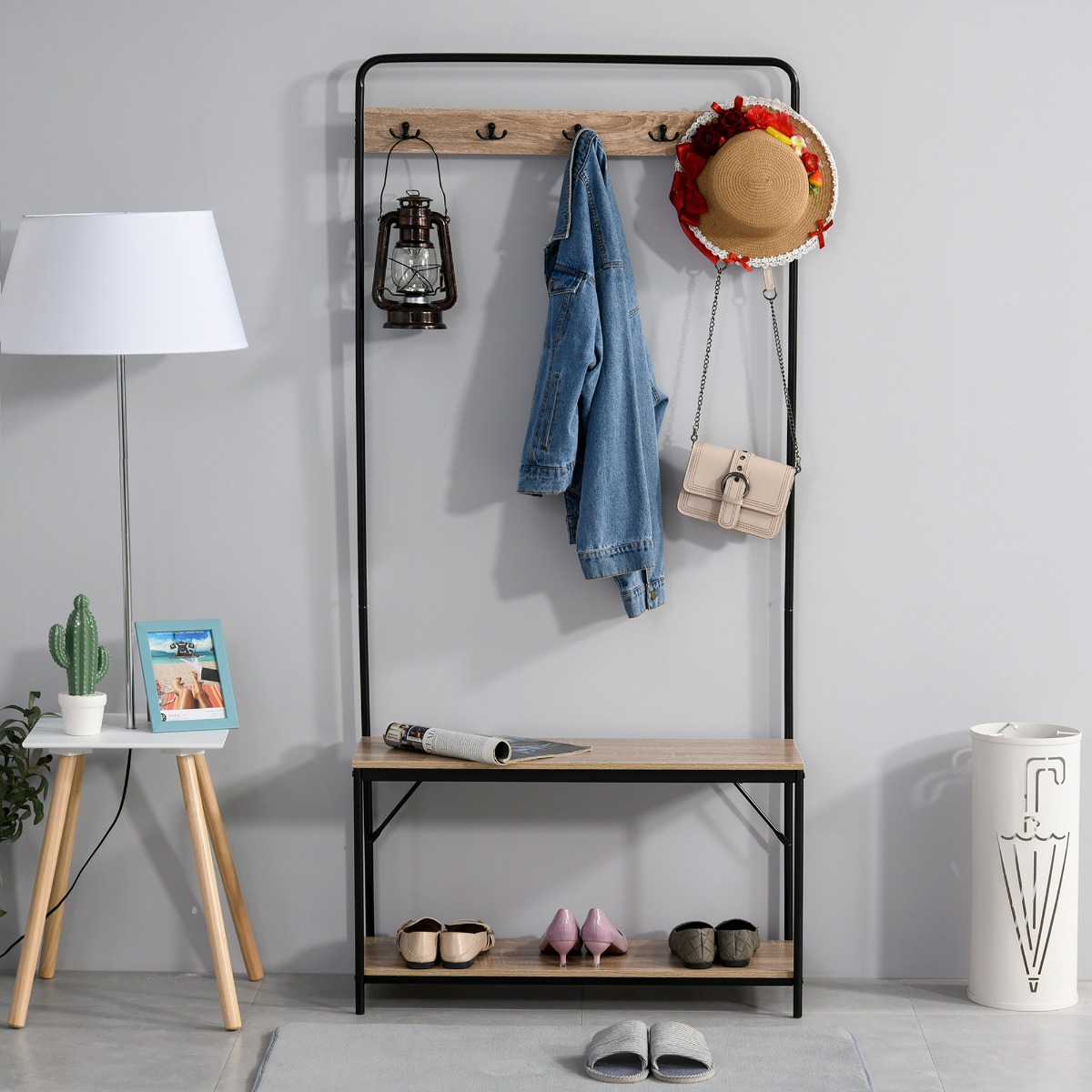 Homcom Appendiabiti con Panca e Scarpiera in Stile Industriale, Mobile per Ingresso Vintage in Legno e Acciaio Nero