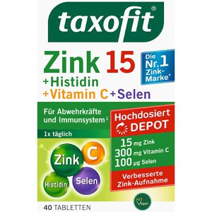 taxofit Zink 15 Hochdosiert Depot, 40 Tabletten, Zinksulfat + Vitamin C + Selen + L-Histidin, je Tablette 15 mg