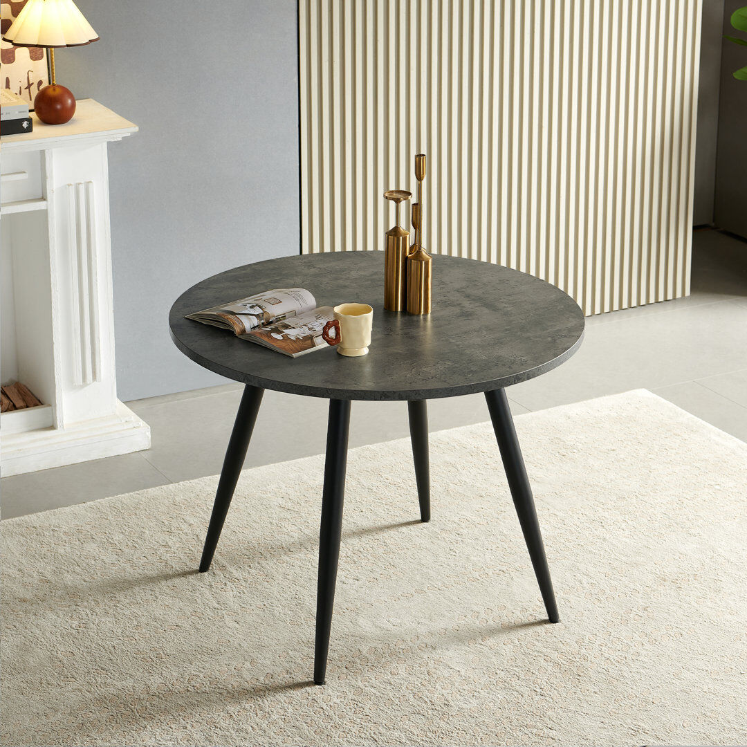Metro Darcell 100 cm Round Marble-Effect Dining Table with Black Metal Legs Marble Grey