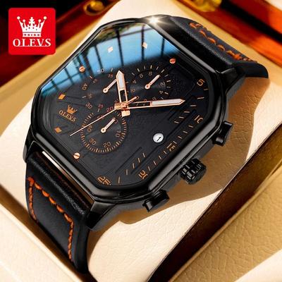 Inspire Select OLEVS 9950 Luxury Square Chronograph Men's Quartz Watch With Luminous Leather Strap black