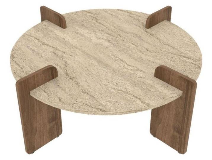 CALICOSY - Table basse rondeReproduction travertin et noyer D90 cm - AUREL